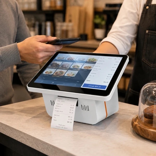 Compact touchscreen POS on a café counter, showing a small counter configuration