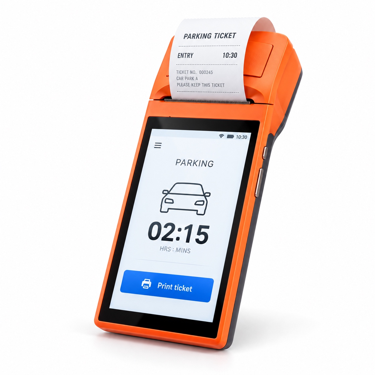 Illustrative orange handheld ticketing POS with an integrated receipt printer and sample parking screen.